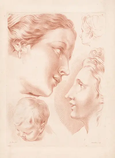 Three women’s heads and a child’s head av Louis-François Roubiliac