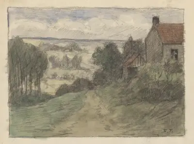 Väg och hus, trädbuketter, i ett böljande landskap av Jean-François Taelemans