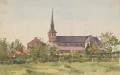 Kyrka på landsbygden sedd från sin högra sida bakom en inhägnad häck, äng i förgrunden av Jean-François Taelemans