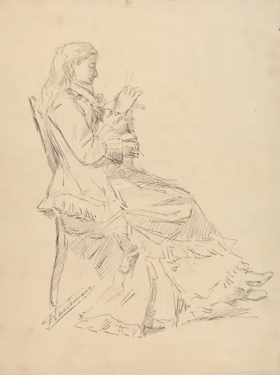 Femme assise sur une chaise, tricotant, de profil – croquis av Jean-François Taelemans