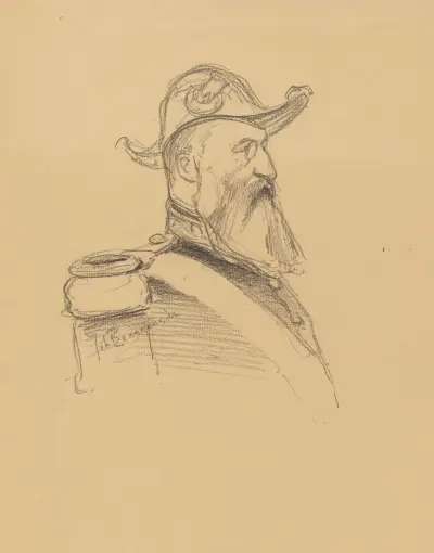 Porträtt av Leopold II, belgarnas kung, 3/4 från vänster, med bicorne och monokel av Jean-François Taelemans