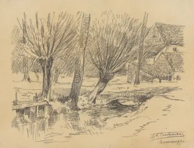 Tourneppe (Dworp) – petit canal bordé de saules, avec écluse, petit pont et grande ferme à l’arrière-plan av Jean-François Taelemans