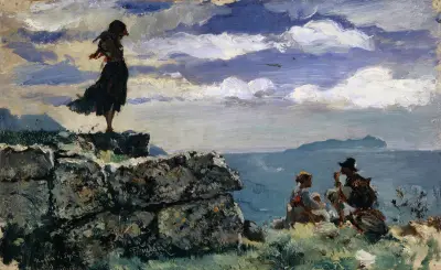 Girl on Ashlars of the Antique City Walls of Norba av Frank Buchser