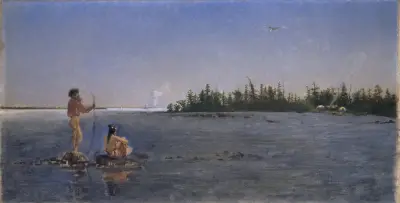 River Landscape, American Indians Fishing av Frank Buchser
