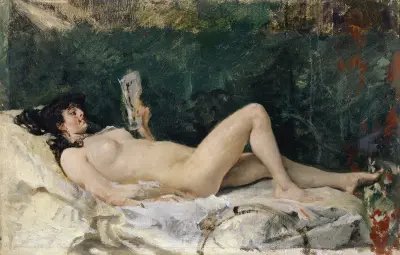 Young Woman Lying on a Bed and Reading av Frank Buchser