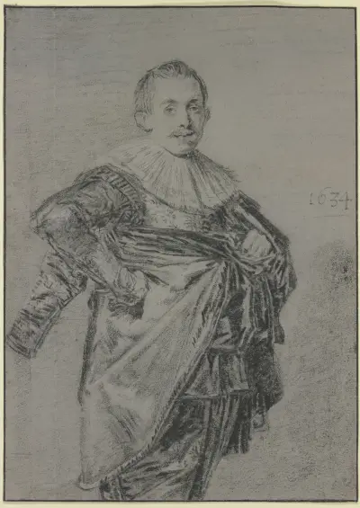 Junger stehender Mann mit Mantel und glatter Halskrause, Kniestück av Frans Hals