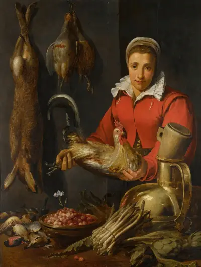 A female merchant holding a cockerel, with game, asparagus, artichokes, utensils and a bowl of wild strawberries av Frans Snyders