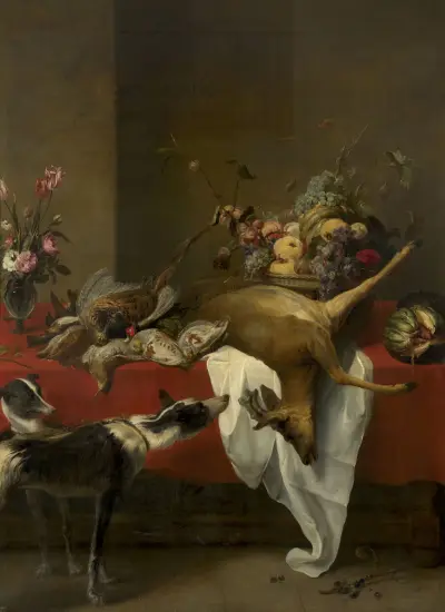 Game, fruit basket and vase of flowers on a table av Frans Snyders