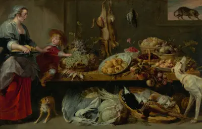 Kitchen Still Life with a Maid and Young Boy av Frans Snyders
