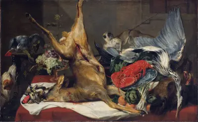 Still Life with Dead Game, a Monkey, a Parrot, and a Dog av Frans Snyders