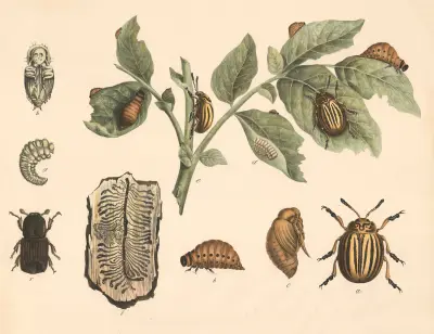 A. Coloradokäfer (Doryphora decemlineata). b. Dessen Larve. c. Puppe. d. Eier. e. Kartoffelplanze mit Eiern, Larve und Käfer. f. Fichtenborkenkäfer (Bostrichus typographus). g. Larve, h. Puppe. i. Borkenstück mit Haupt= und Larvengängen av Franz Engleder