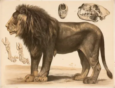 A Löwe (Felis leo) b Vorderfuss c Hinterfuss d e Schädel av Franz Engleder