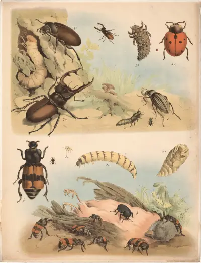 Goldlaufkäfer  Totengräber  Aaskäfer  a Hirschkäfer Männchen  b Weibchen  c Larve. av Franz Engleder