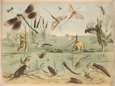 La. Gem. Seejungfer, Weibchen. b. Larve der Seejungfer. . Larve des gem. Plattbauches. . Larve der Schmaljungfer. b. Auskriechende Schmaljungfer. . Eintagsfliege. . Sumpfwasser=Läufer. . Wasserskorpion. av Franz Engleder