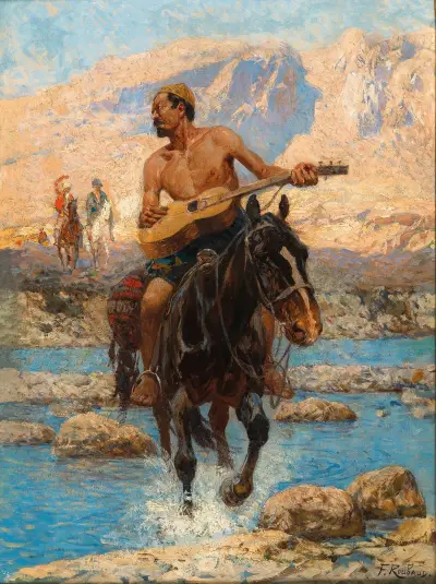 A Rider with Guitar Crossing a Ford av Franz Roubaud