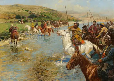 Circassian Equestrian Army During the Crossing of the River Course av Franz Roubaud