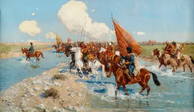 Čerkesští jezdci překonávající řeku, Franz Roubaud