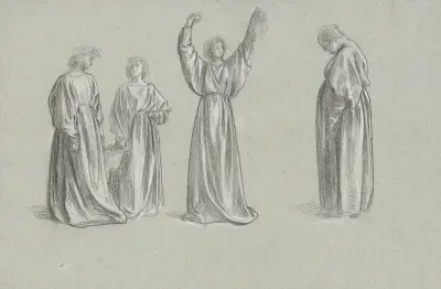 A sheet of studies for ‘Romola’; Monna Brigida’s conversion av Frederic Leighton