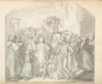An Artist Drawing on Wall of a Church Watched by a Crowd av Frederic Leighton