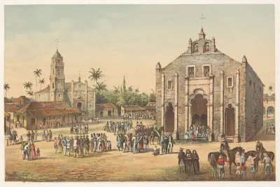 Vista de la iglesia major y de la Ermita del Buen Viaje av Pierre Toussaint Frédéric Mialhe