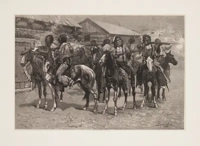 Crow-indianer skjuter mot agenturen av Frederic Remington