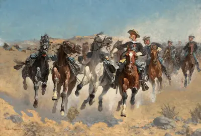 Dismounted,the Fourth Troopers Moving The Led Horses av Frederic Remington