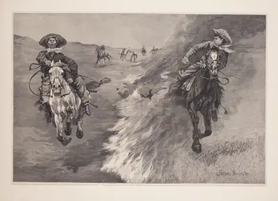 Dragging a Bull’s Hide over a Prairie Fire in Northern Texas av Frederic Remington
