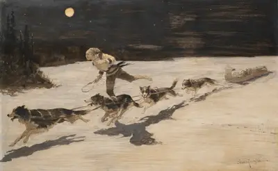 ‘Huskie’ Dogs on the Frozen Highway (Talking Musquash) av Frederic Remington