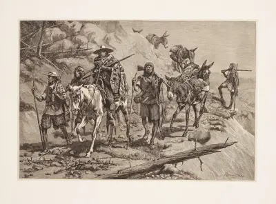Pima Indians convoying a silver train in Mexico av Frederic Remington