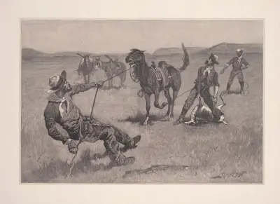 Att lära en mustangponny att bära packad fångst av Frederic Remington