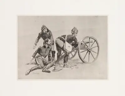 The wounding of Lieutenant Hawthorne–the Hotchkiss-gun playing on the cave av Frederic Remington