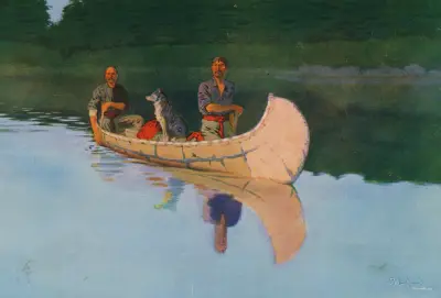 Två män och en hund i en kanot av Frederic Remington