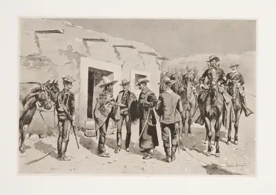 Amerikansk kavalleri jagar Garza vid Rio Grande av Frederic Remington