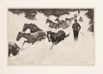 Working snow-bound ponies out of the mountains av Frederic Remington