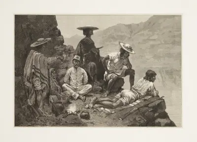 Yaqui Indian refugees with captive Mexican soldier av Frederic Remington