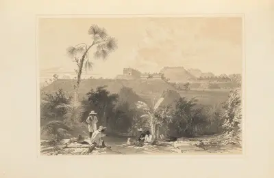General view of Uxmal, taken from the archway of Las Monjas looking south av Frederick Catherwood