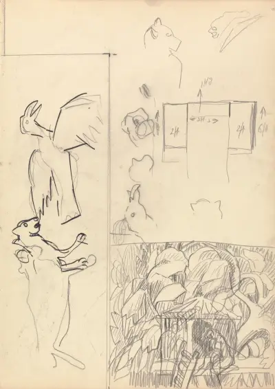 Cave of the Golden Calf; Studies of Tree Houses, Animals and Floor Plan av Spencer Frederick Gore