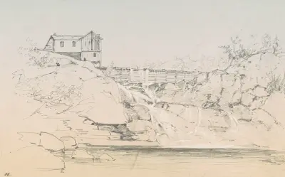 Byggnad vid en damm av John Frederick Kensett