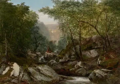 Vattenfall i skogen med indianer av John Frederick Kensett