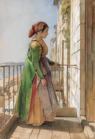 En grekisk flicka stående på en balkong (A Greek Girl Standing on a Balcony) av John Frederick Lewis
