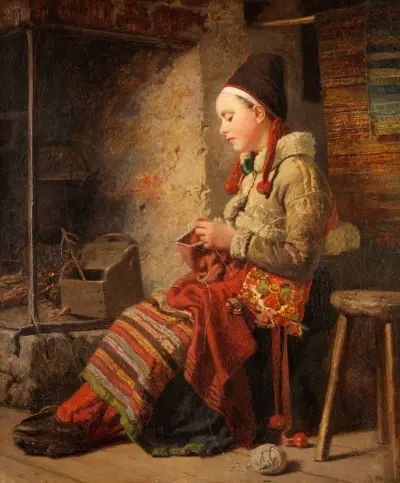 Rättvik Girl by the Fireside av Johan Fredrik Höckert