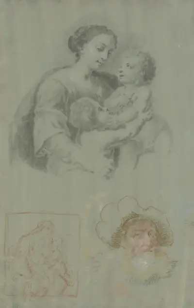 Studienblatt mit einer Madonna mit dem Kind und dem Johannesknaben, dazu ein bärtiger Mann mit Mütze av Heinrich Friedrich Füger