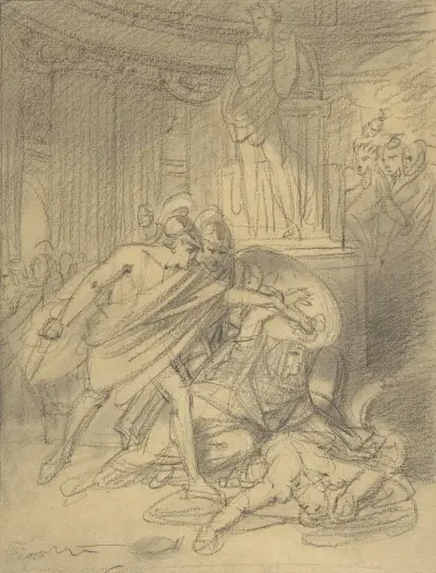 Two Warriors in Classical Costume Bending over Two Figures av Heinrich Friedrich Füger
