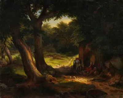 Eichenwald mit einem am Brunnen rastenden Kreuzritter av Karl Friedrich Lessing
