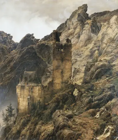 Rocky Landscape, Gorge with Ruins av Karl Friedrich Lessing
