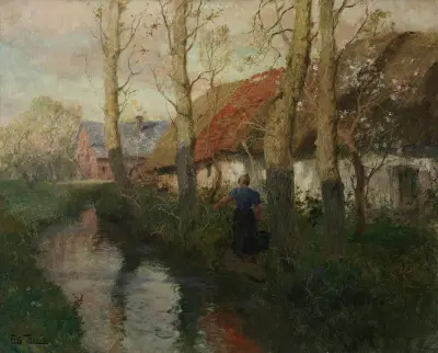 A River in Normandy with a Woman Carrying Water av Frits Thaulow