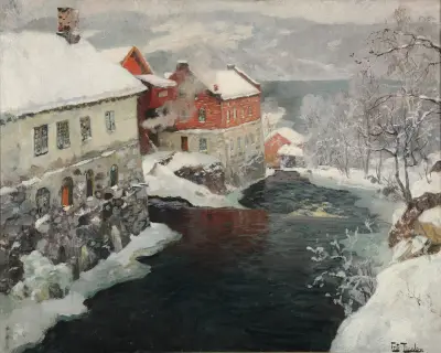 Fabriques en Norvège, les deux moulins sur la rivière Mesma av Frits Thaulow