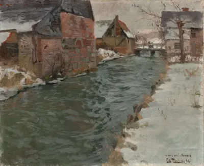 Hameau en bord de rivière av Frits Thaulow