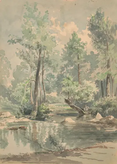A man sitting on a fallen tree at the edge of a shaded stream av James Fuller Queen