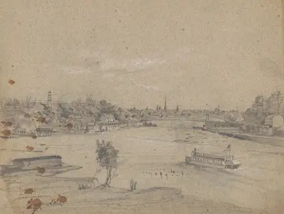 Fågelperspektiv över Fairmount Water Works ovanför Schuylkill River av James Fuller Queen